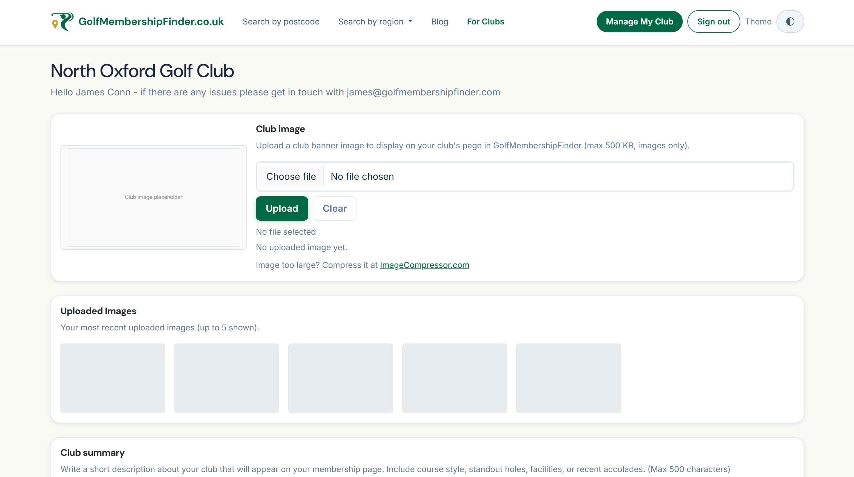 GolfMembershipFinder admin panel screenshot