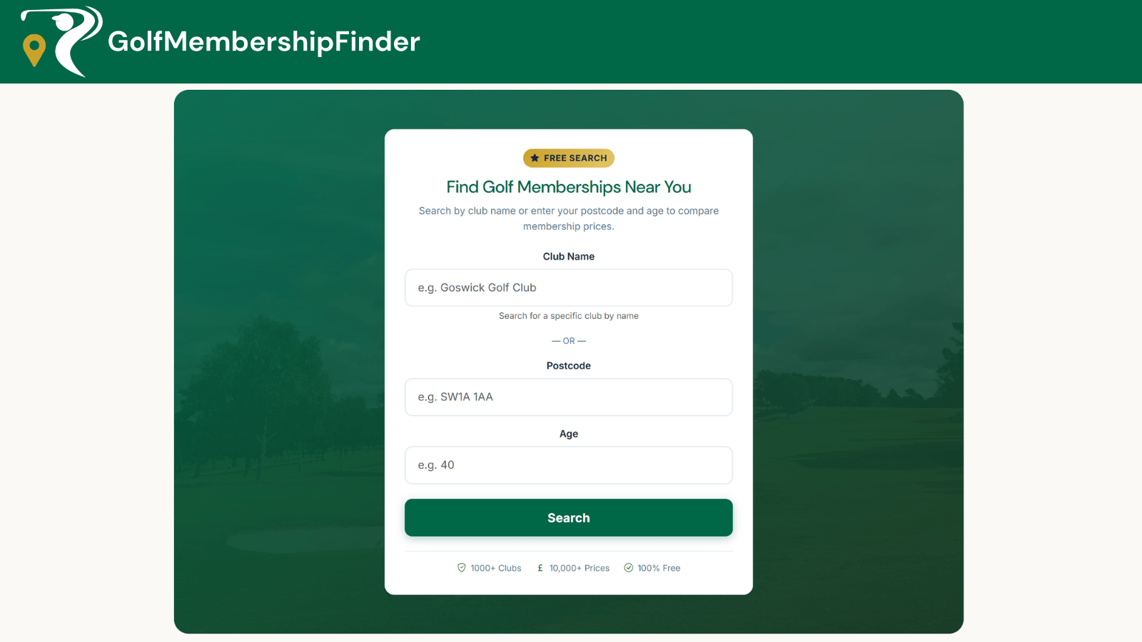 GolfMembershipFinder homepage screenshot